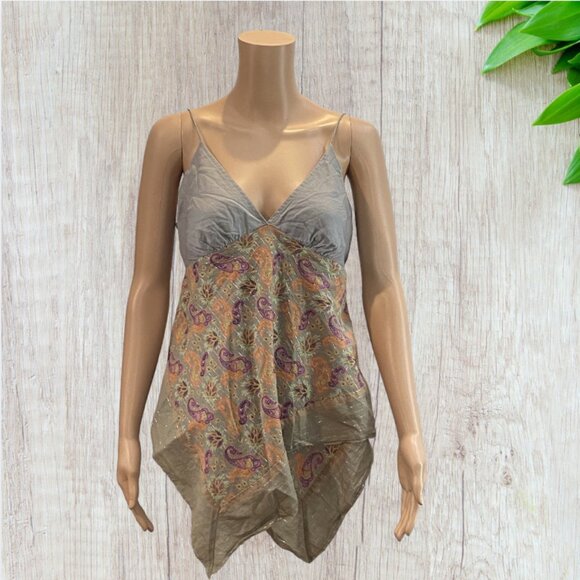 DKNY JEANS -- Halter Top, Beige Paisley Print w/Asymmetrical Hem & Spag Straps - Picture 1 of 16